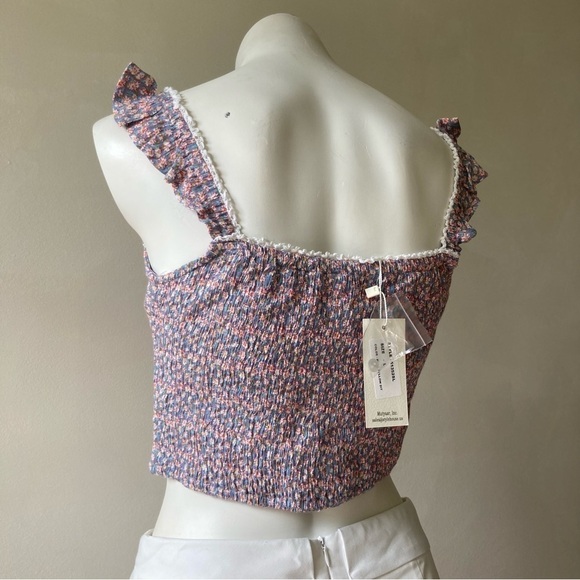 Sim & Sam | Floral Button Tie Smocked Ruffled Crop Tank - Picture 3 of 6